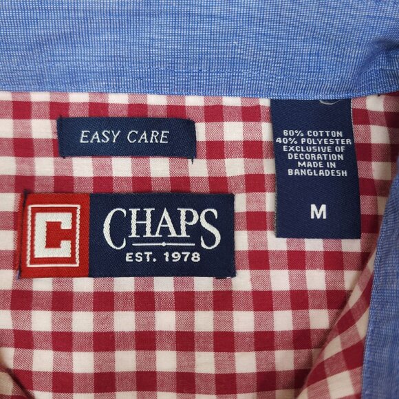 Chaps Red White Gingham Check Button Down Dress Shirt M Easy Care - Picture 4 of 6
